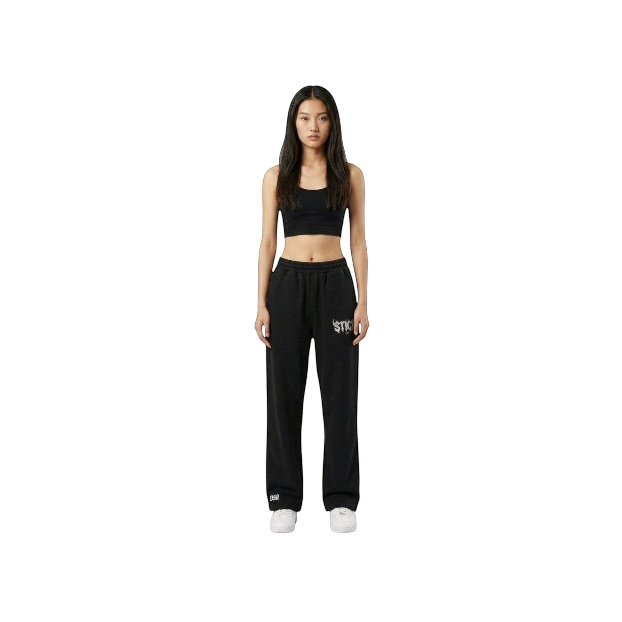 Stich Usa black heavyweight wide-leg sweatpants made from 100% cotton fleece with an elastic waistband and drawstring.