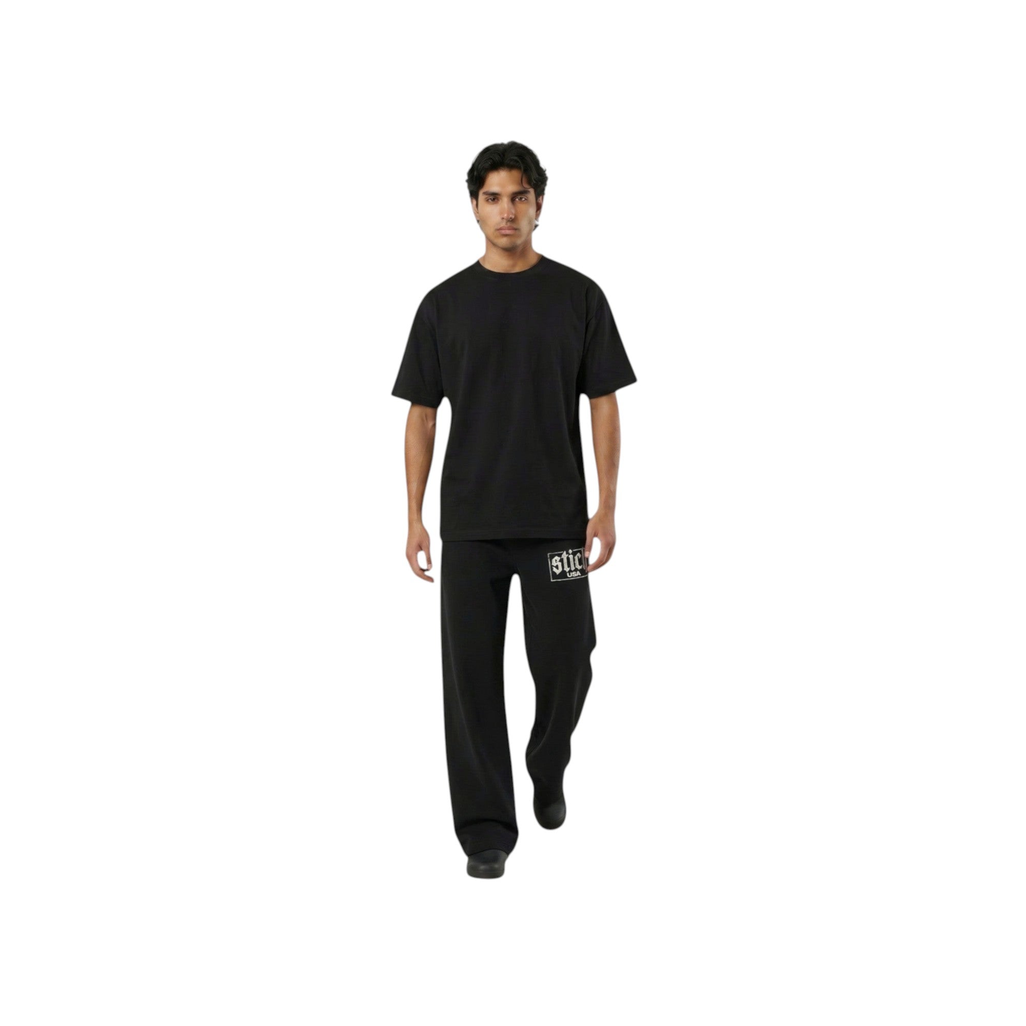Stich Usa black heavyweight wide-leg sweatpants made of 100% cotton with an elastic waistband and drawstring.