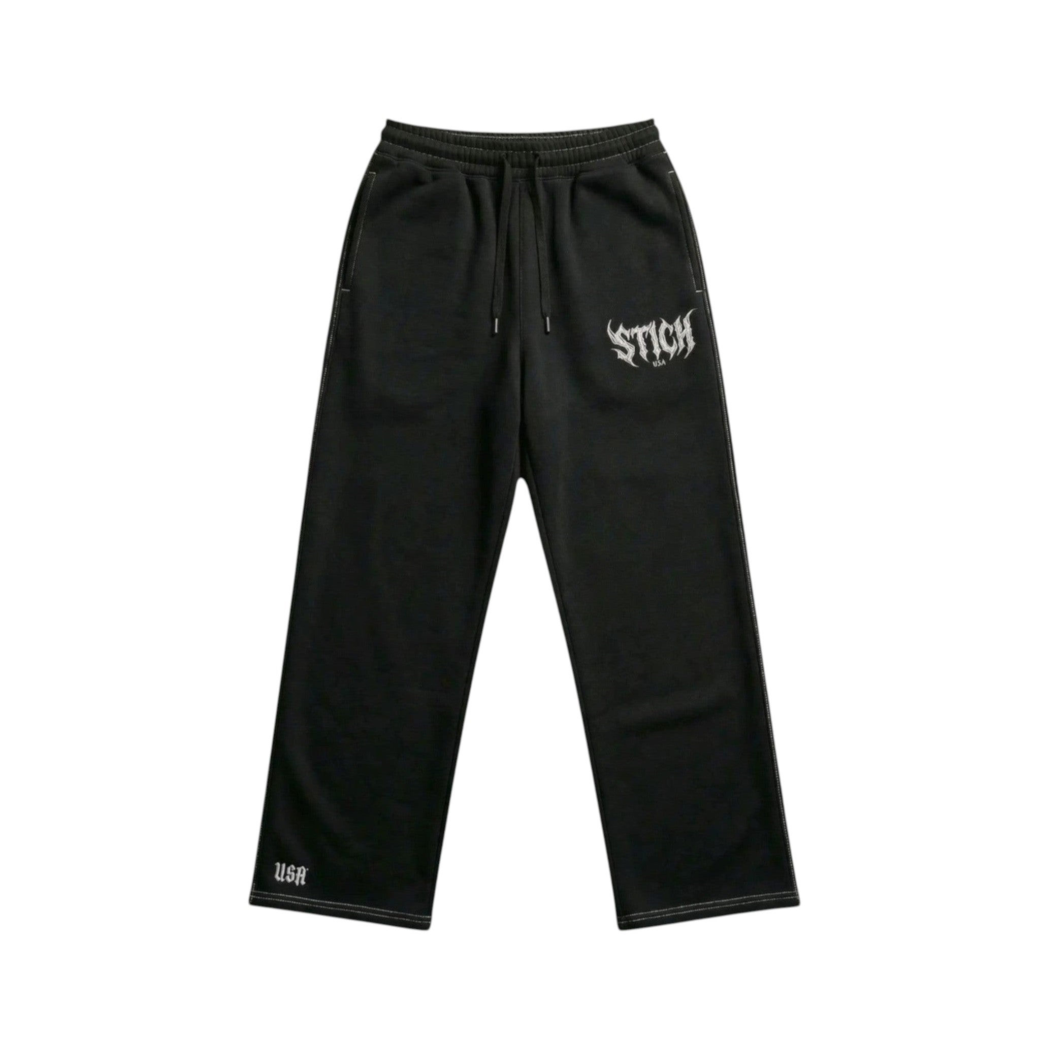 Stich Usa black heavyweight wide-leg sweatpants made from 100% cotton fleece with drawstring and logo.