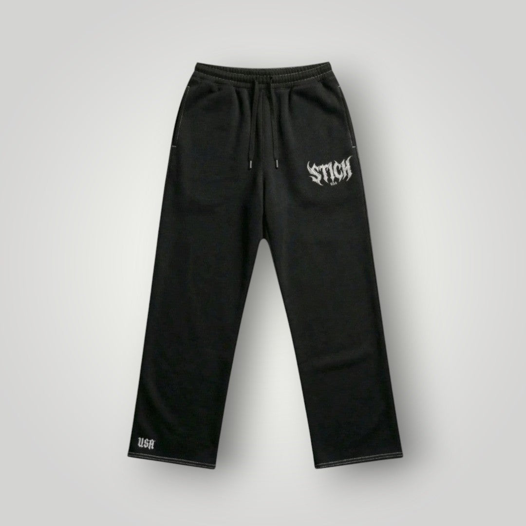 Stich Usa black heavyweight wide-leg sweatpants made from 100% cotton fleece with drawstring and logo.