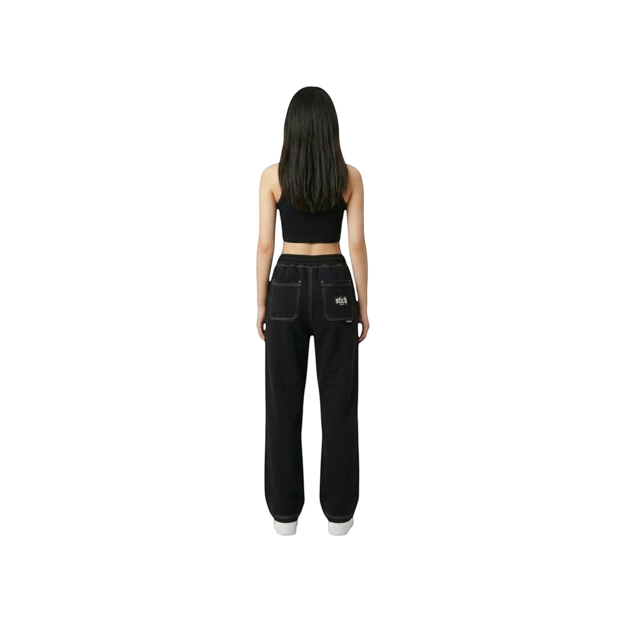 Stich Usa black heavyweight wide-leg sweatpants with white contrast stitching and four pockets. Model from back.