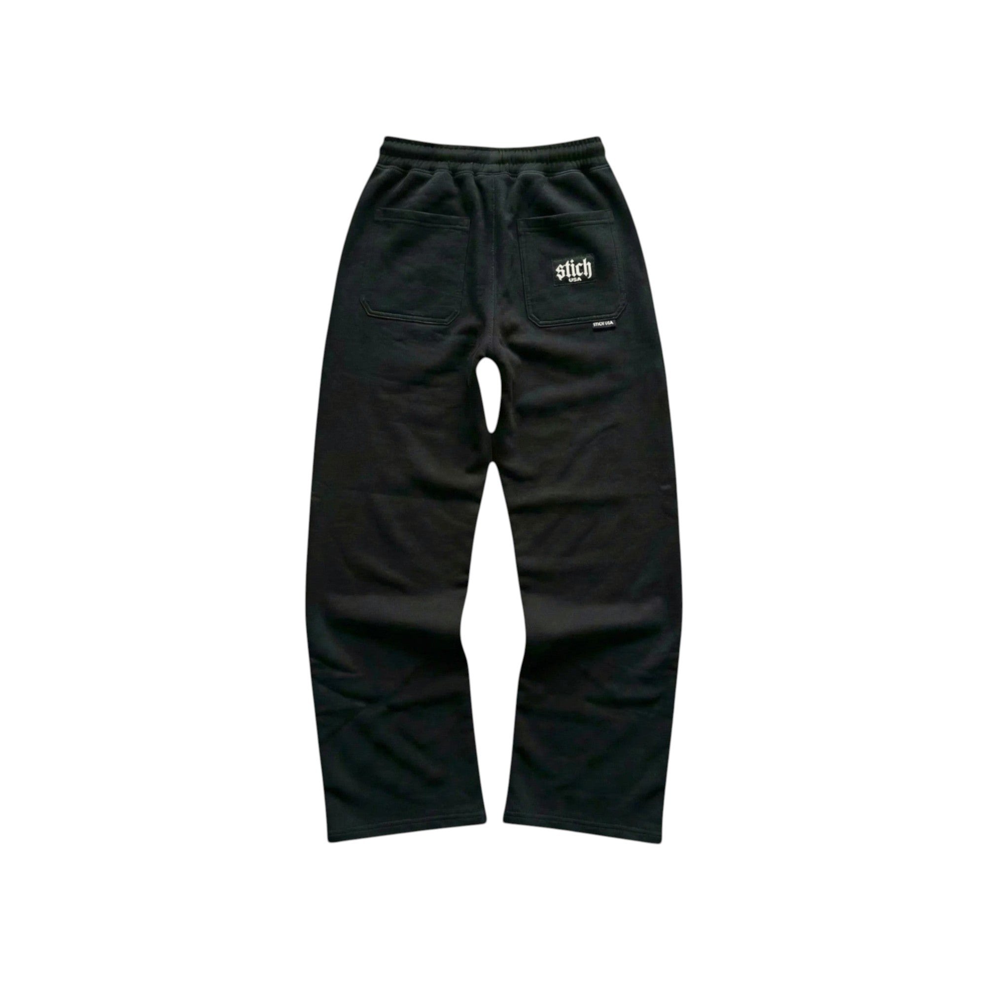 Stich Usa black heavyweight wide-leg sweatpants made from 100% cotton with an elastic waistband and drawstring.